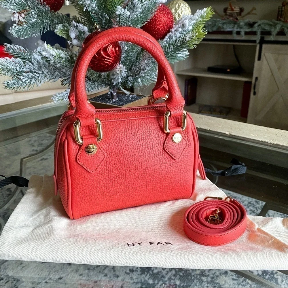 By Far Bag Dora Leather Tote Pebbled Shoulder-Strap‎ Cowhide Miniature Coral NWT